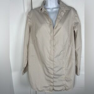 Akris Punto Luxury Beige & White Designer Striped Blouse with Button Details
